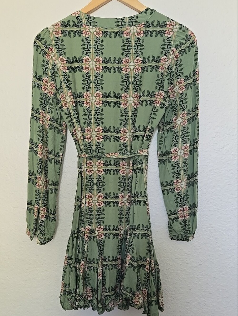 LOFT Sage Green Floral Long-Sleeve Wrap Lined Dress Cottagecore Rodeo Festival - Picture 6 of 9